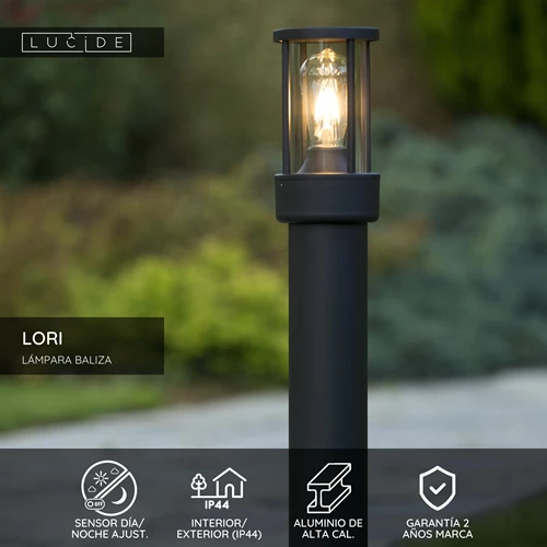 Lucide LORI - Lámpara baliza - 1xE27 - IP44 - Sensor día/noche - Antracita - USP